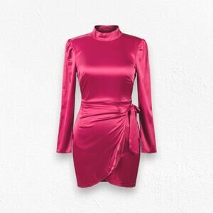 Lulus Red Satin Faux Wrap Open Back Late Night Stunner Mini Dress Size Medium